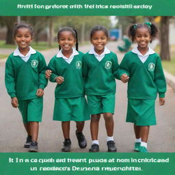 Create a 1:2 ratio poster dedicated to Early Childhood Education Day. The poster illustrates the theme 'Nurturing the Good Heart through Celebrating Togetherness in a Fun-filled Experience.' It showcases children wearing green uniforms, joyfully interacting and having fun.