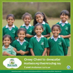 Create a 1:2 ratio poster dedicated to Early Childhood Education Day. The poster illustrates the theme 'Nurturing the Good Heart through Celebrating Togetherness in a Fun-filled Experience.' It showcases children wearing green uniforms, joyfully interacting and having fun.