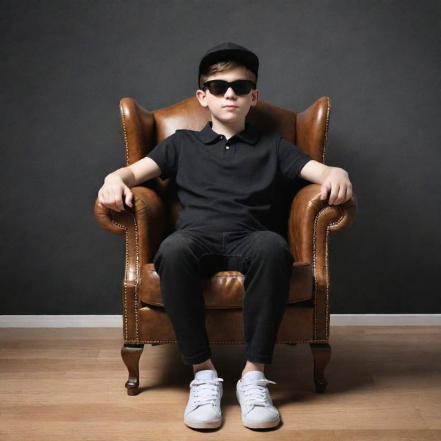 3D optical illusion of a relaxed boy in a black shirt, sneakers, and a cricket cap, sitting on a wingback chair, wearing sunglasses and looking forward.