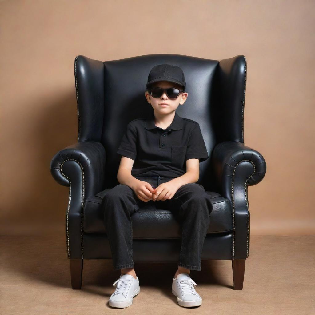 3D optical illusion of a relaxed boy in a black shirt, sneakers, and a cricket cap, sitting on a wingback chair, wearing sunglasses and looking forward.