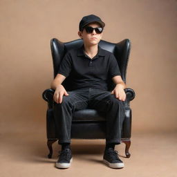 3D optical illusion of a relaxed boy in a black shirt, sneakers, and a cricket cap, sitting on a wingback chair, wearing sunglasses and looking forward.