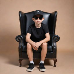 3D optical illusion of a relaxed boy in a black shirt, sneakers, and a cricket cap, sitting on a wingback chair, wearing sunglasses and looking forward.