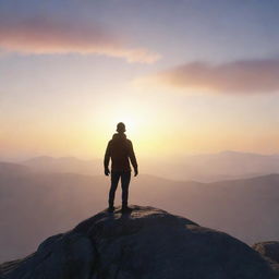 Animated character standing on a mountain peak with his back towards the viewer, bathed in the light of a rising sun