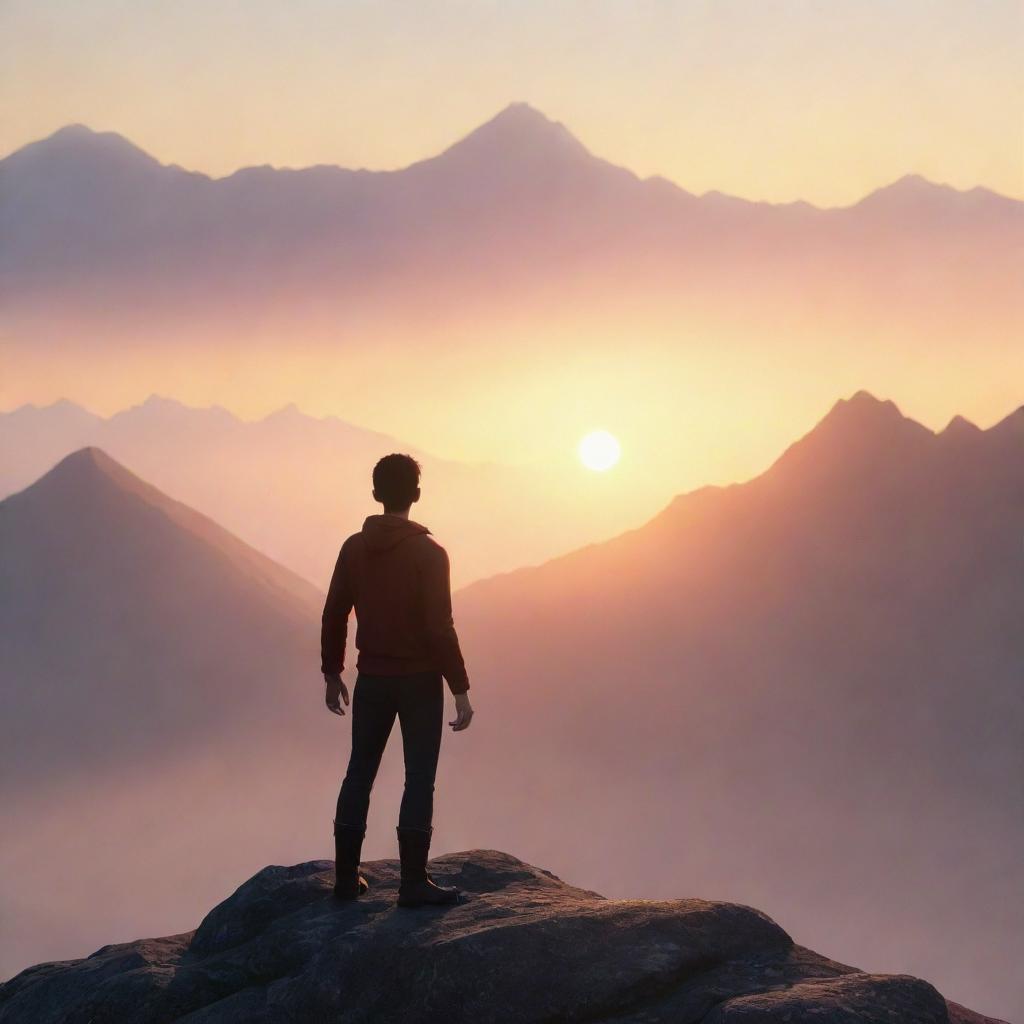 Animated character standing on a mountain peak with his back towards the viewer, bathed in the light of a rising sun