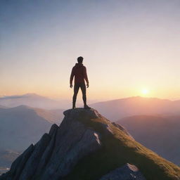 Animated character standing on a mountain peak with his back towards the viewer, bathed in the light of a rising sun