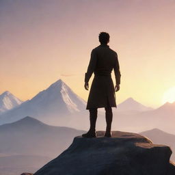 Animated character standing on a mountain peak with his back towards the viewer, bathed in the light of a rising sun