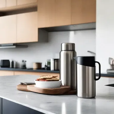The modern and sleek stainless steel thermos perfectly complements the minimalist design of this contemporary kitchen.