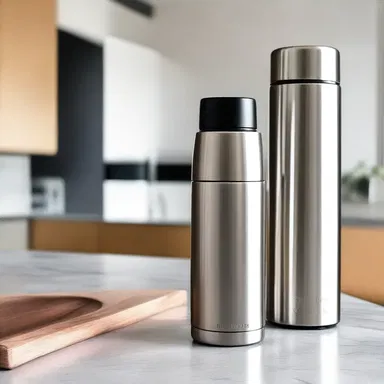 The modern and sleek stainless steel thermos perfectly complements the minimalist design of this contemporary kitchen.