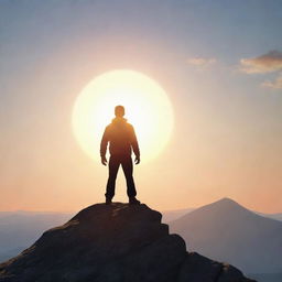 An animated character from the back, standing triumphantly on a mountain peak with the rising sun illuminating the scene, symbolizing motivation and achievement.