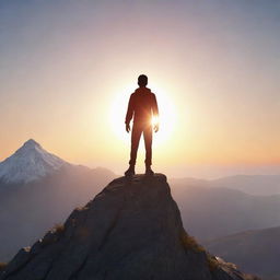 An animated character from the back, standing triumphantly on a mountain peak with the rising sun illuminating the scene, symbolizing motivation and achievement.