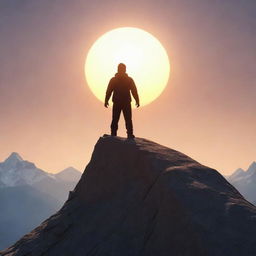 An animated character from the back, standing triumphantly on a mountain peak with the rising sun illuminating the scene, symbolizing motivation and achievement.