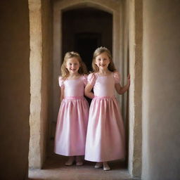 A candid snapshot of princesses playing hide and seek in castle corridors, captured with a compact camera in natural light, encapsulating their joy and camaraderie.