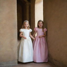 A candid snapshot of princesses playing hide and seek in castle corridors, captured with a compact camera in natural light, encapsulating their joy and camaraderie.