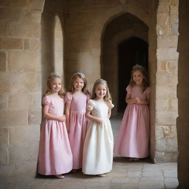 A candid snapshot of princesses playing hide and seek in castle corridors, captured with a compact camera in natural light, encapsulating their joy and camaraderie.