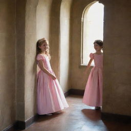 A candid snapshot of princesses playing hide and seek in castle corridors, captured with a compact camera in natural light, encapsulating their joy and camaraderie.