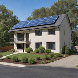 A clean, bright, and sleek design of a Selco solar panel system with optimal sun exposure in a picturesque suburban setting