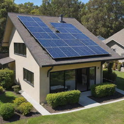 A clean, bright, and sleek design of a Selco solar panel system with optimal sun exposure in a picturesque suburban setting