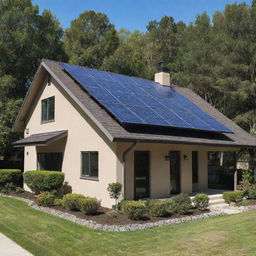 A clean, bright, and sleek design of a Selco solar panel system with optimal sun exposure in a picturesque suburban setting