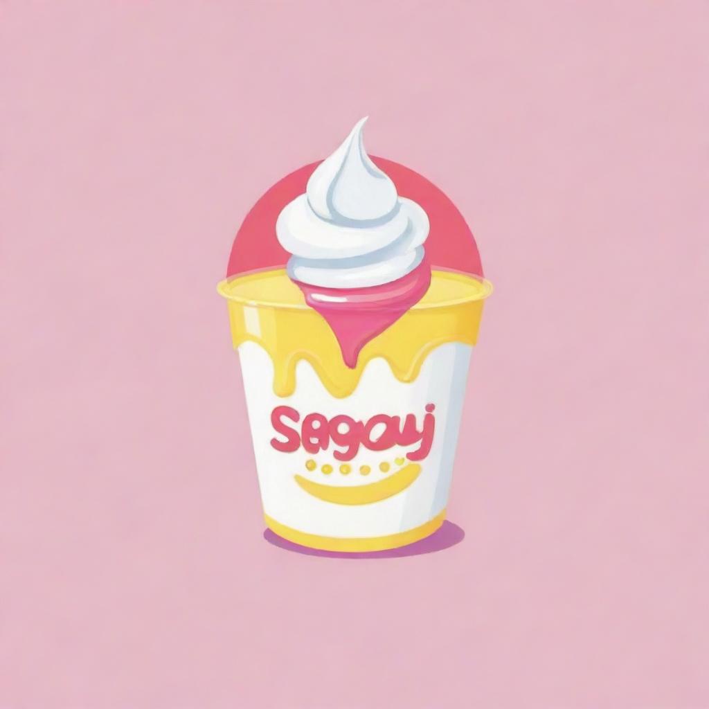 Design a simple logo for 'Sipalingyogurtt', incorporating a whimsical, cartoon-style depiction of yogurt. The primary color scheme should revolve around soft pastel yellow.