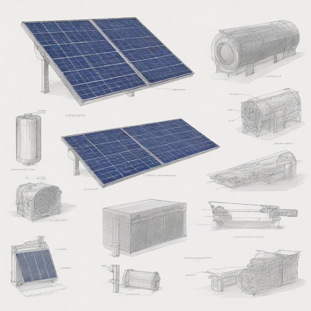 A detailed sketch of Selco solar equipment and various types of solar machinery