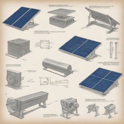 A detailed sketch of Selco solar equipment and various types of solar machinery