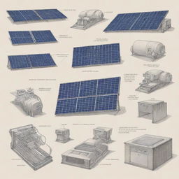 A detailed sketch of Selco solar equipment and various types of solar machinery