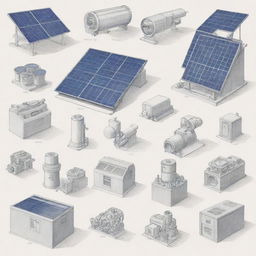 A detailed sketch of Selco solar equipment and various types of solar machinery