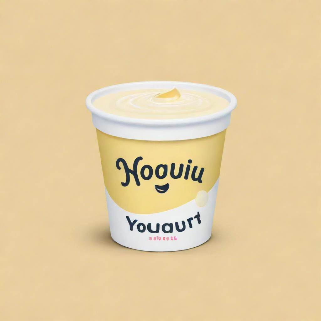 Design a simple logo featuring the main title 'Si paling yogurtt'. Include a whimsical cartoon-style yogurt illustration situated to the left of the text, using a pastel yellow color palette.