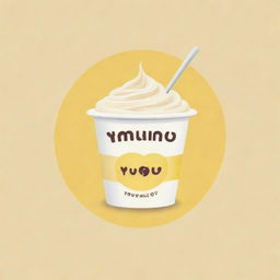 Design a simple logo featuring the main title 'Si paling yogurtt'. Include a whimsical cartoon-style yogurt illustration situated to the left of the text, using a pastel yellow color palette.