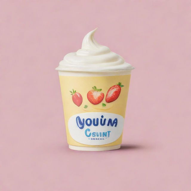 Design a simple logo featuring the main title 'Si paling yogurtt'. Include a whimsical cartoon-style yogurt illustration situated to the left of the text, using a pastel yellow color palette.