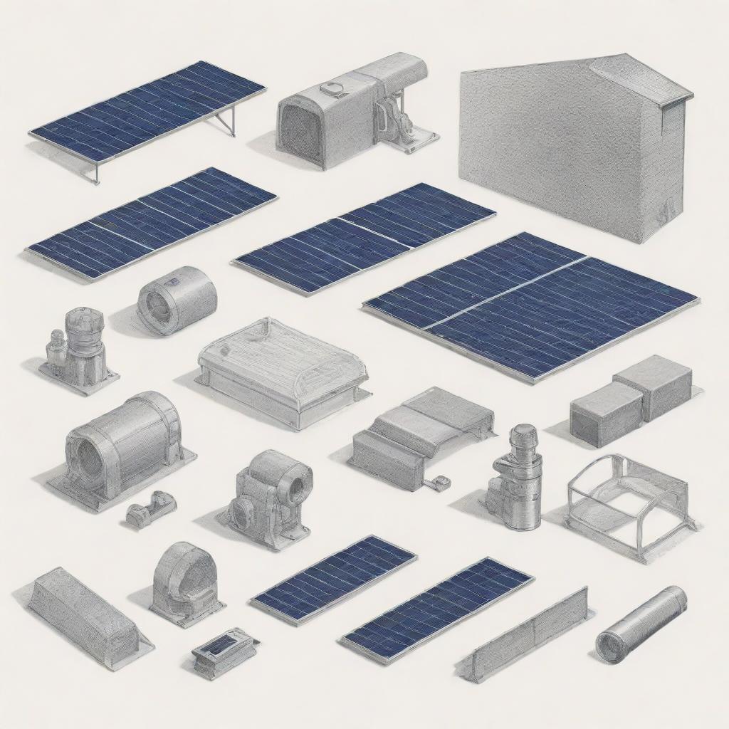 Detailed sketch of Selco solar equipment and various types of solar machinery, prominently featuring the Selco Solar logo in the center