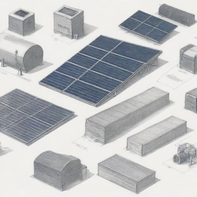 Detailed sketch of Selco solar equipment and various types of solar machinery, prominently featuring the Selco Solar logo in the center