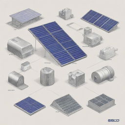 Detailed sketch of Selco solar equipment and various types of solar machinery, prominently featuring the Selco Solar logo in the center