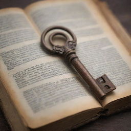 An antique, mysterious key that's resting on an aged, weather-beaten book, suggesting untold tales and secrets.