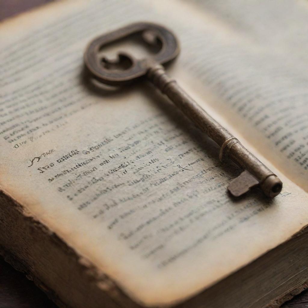 An antique, mysterious key that's resting on an aged, weather-beaten book, suggesting untold tales and secrets.