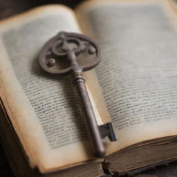 An antique, mysterious key that's resting on an aged, weather-beaten book, suggesting untold tales and secrets.