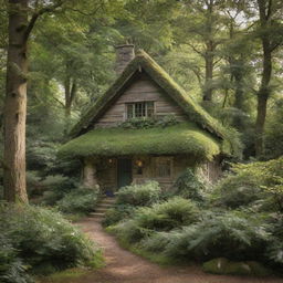 A picturesque ethereal cottage nestled in a dense, serene woodland, bathed in soft natural light filtering through the verdant canopy overhead.