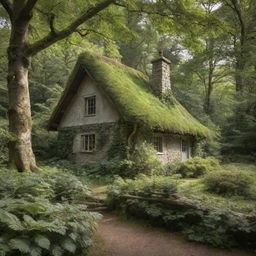 A picturesque ethereal cottage nestled in a dense, serene woodland, bathed in soft natural light filtering through the verdant canopy overhead.