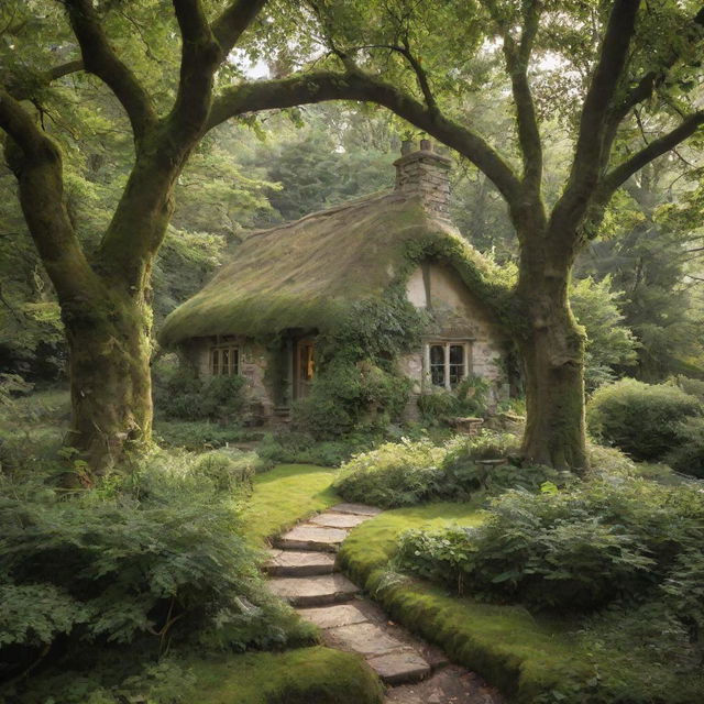 A picturesque ethereal cottage nestled in a dense, serene woodland, bathed in soft natural light filtering through the verdant canopy overhead.