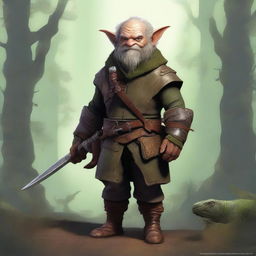 This is a detailed digital art piece of a 3-foot-tall Ghostwise Halfling ranger man