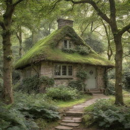 A picturesque ethereal cottage nestled in a dense, serene woodland, bathed in soft natural light filtering through the verdant canopy overhead.