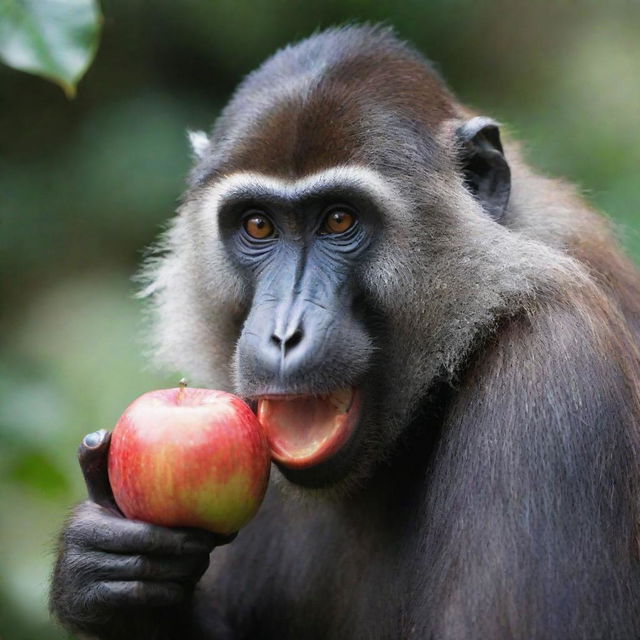 A vibrant Mandrill monkey enthusiastically eating a crisp red apple.