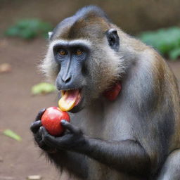 A vibrant Mandrill monkey enthusiastically eating a crisp red apple.