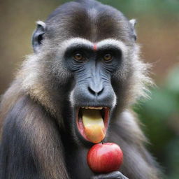 A vibrant Mandrill monkey enthusiastically eating a crisp red apple.