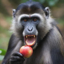 A vibrant Mandrill monkey enthusiastically eating a crisp red apple.