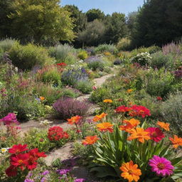 A vibrant and untamed garden saturated with diverse flora, flourished under the sunlight