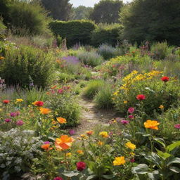 A vibrant and untamed garden saturated with diverse flora, flourished under the sunlight