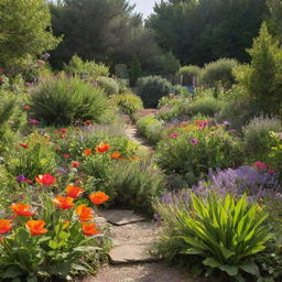 A vibrant and untamed garden saturated with diverse flora, flourished under the sunlight