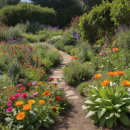 A vibrant and untamed garden saturated with diverse flora, flourished under the sunlight