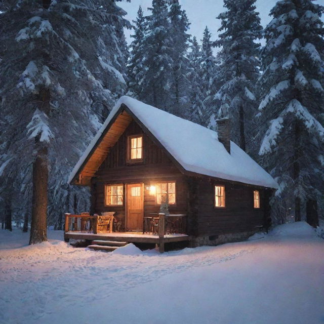 I want a picture of a small cozy cabin in the middle of a snowy forest with lights inside glowing and smoke coming out of the chimney